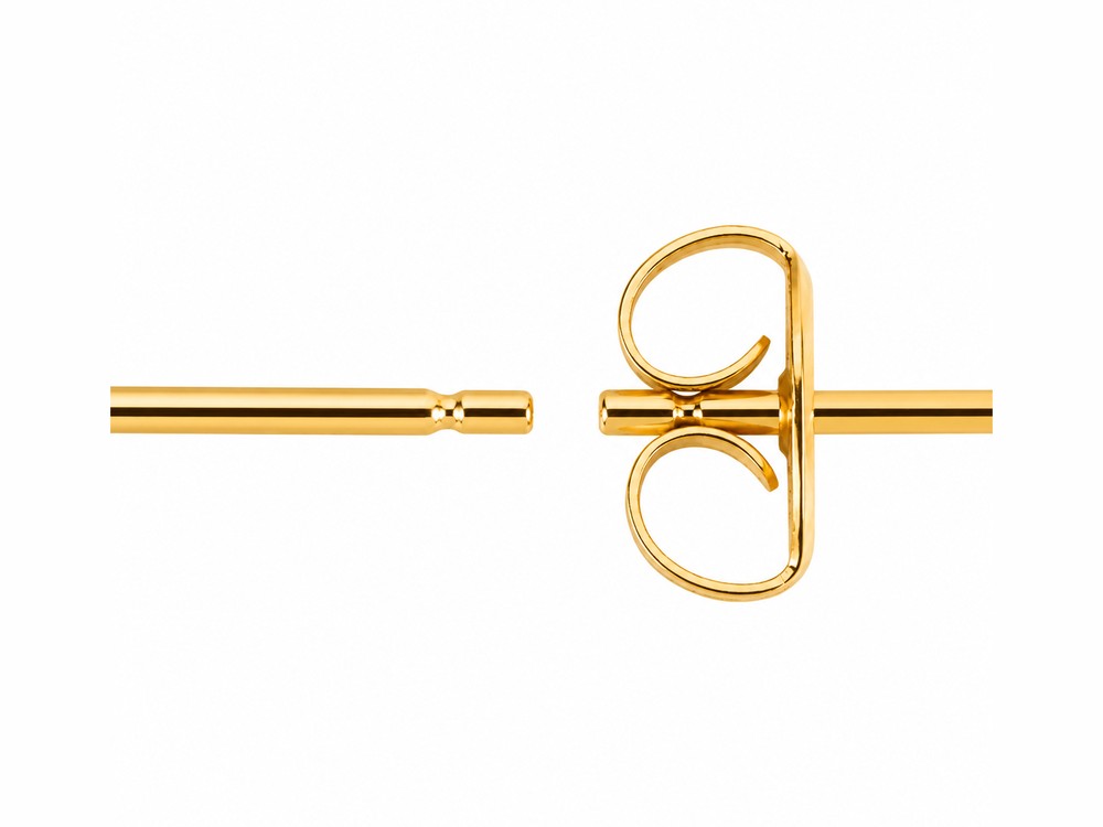 Close view of a purepixxi post and butterfly back in pure 24 karat gold, showing the security notch.