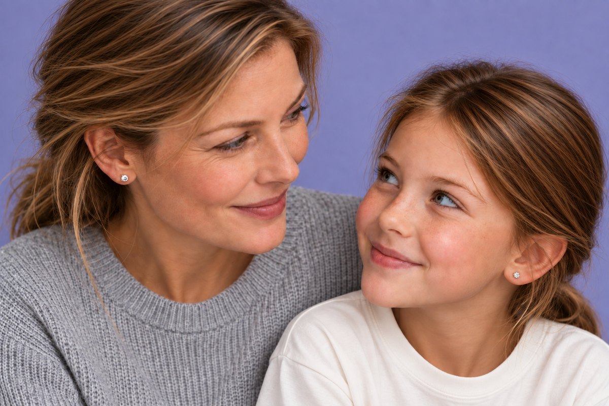 A mother and her daughter looking at each other, both wearing matching purepixxi Flawless Crystal studs.